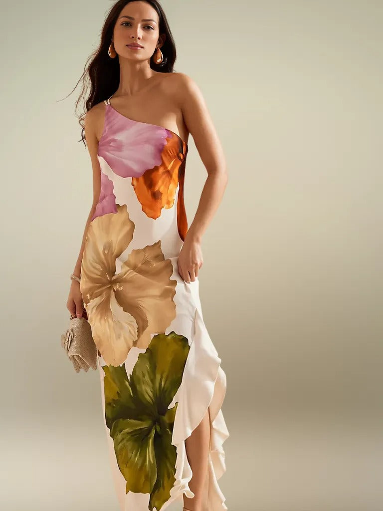 FLORÉLIA ASYMMETRISCHE SATIN MAXIKLEID