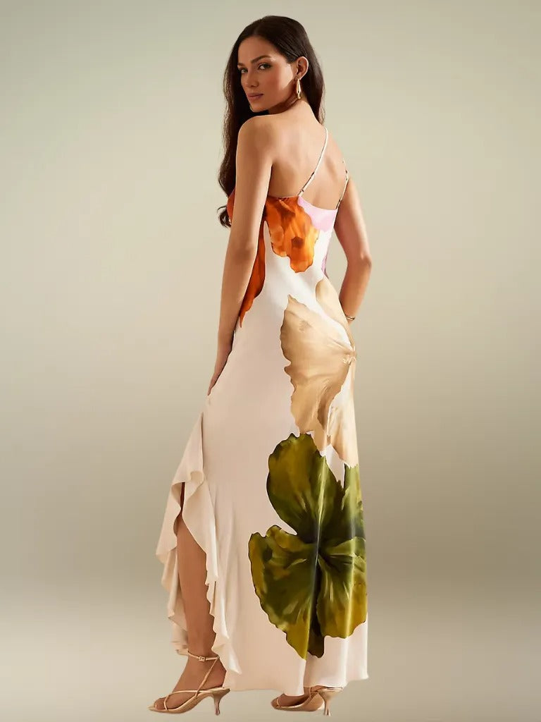 FLORÉLIA ASYMMETRISCHE SATIN MAXIKLEID