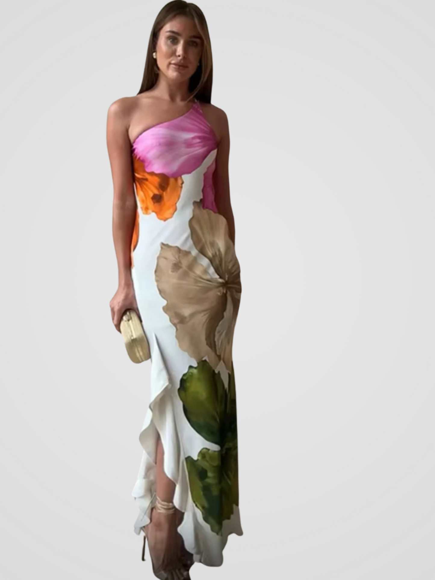 FLORÉLIA ASYMMETRISCHE SATIN MAXIKLEID