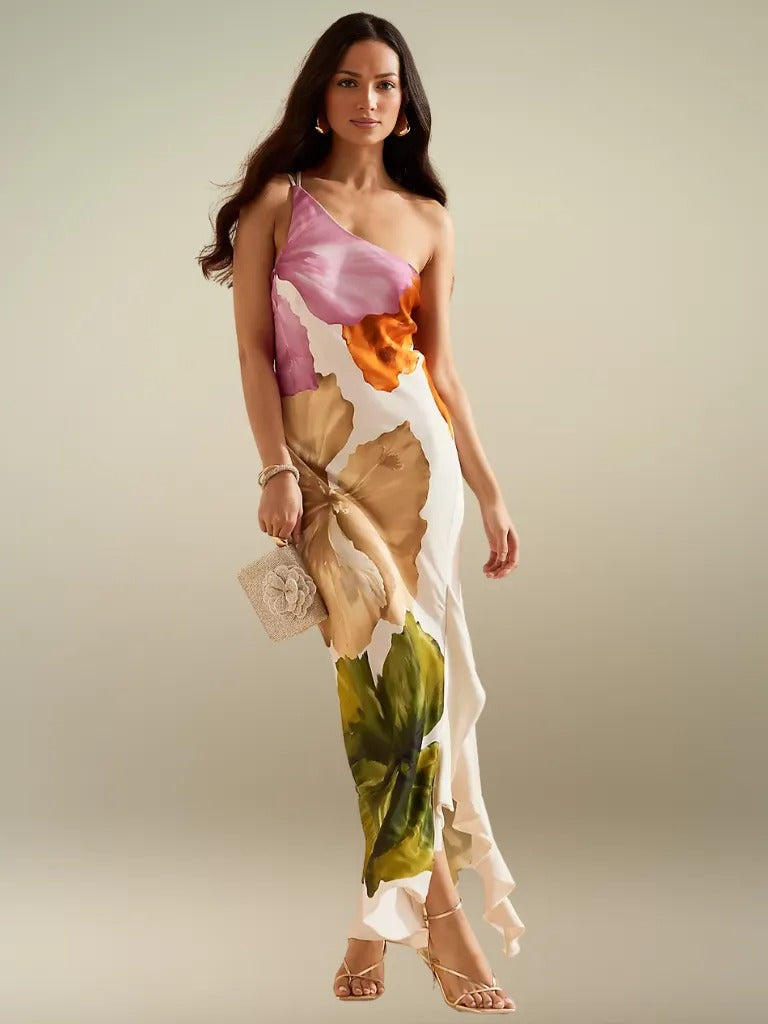 FLORÉLIA ASYMMETRISCHE SATIN MAXIKLEID