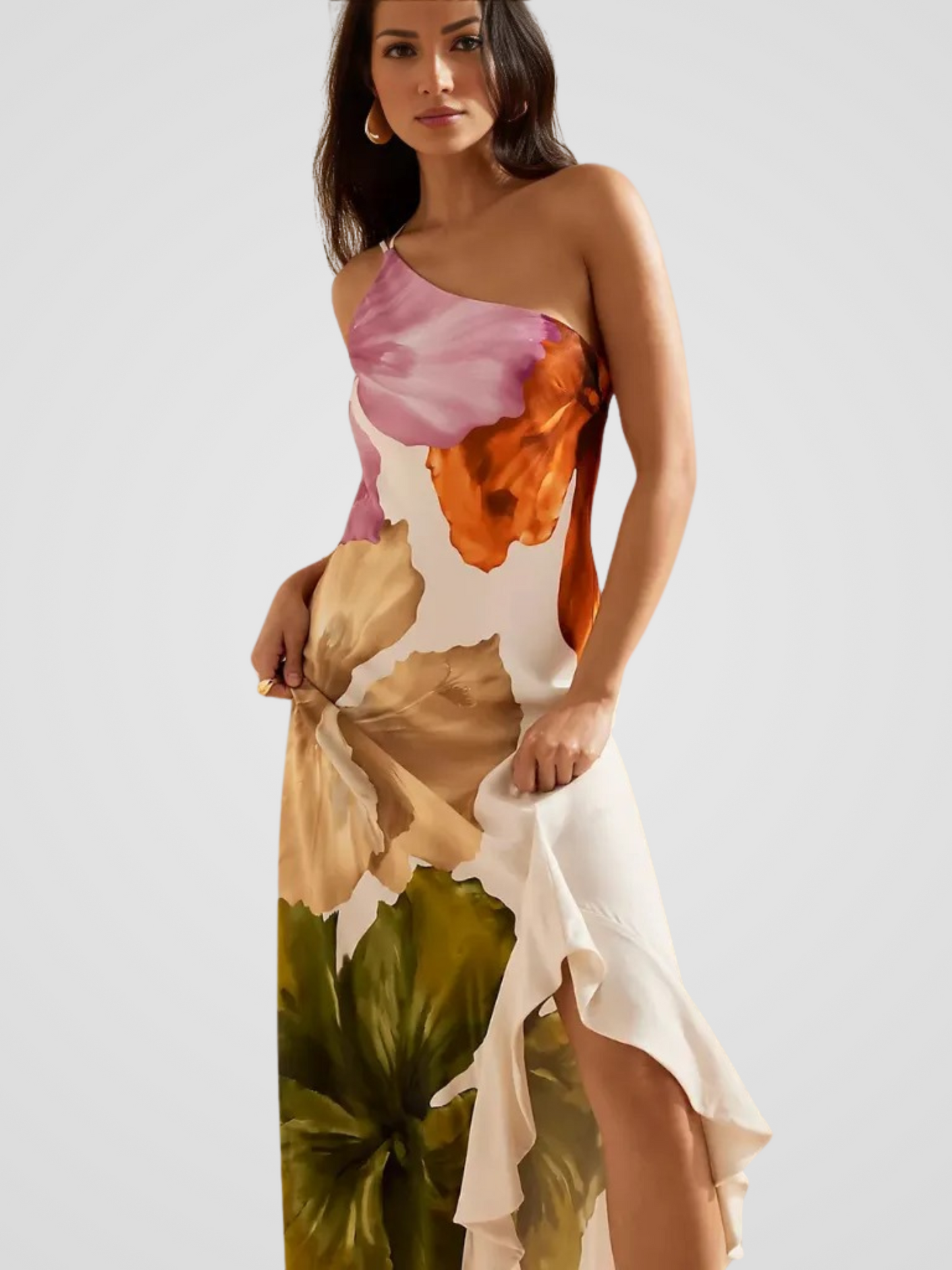 FLORÉLIA ASYMMETRISCHE SATIN MAXIKLEID