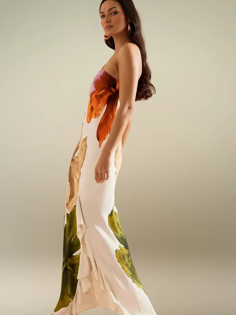 FLORÉLIA ASYMMETRISCHE SATIN MAXIKLEID
