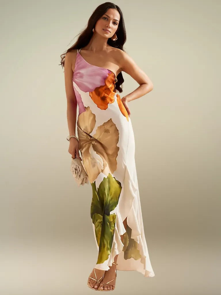 FLORÉLIA ASYMMETRISCHE SATIN MAXIKLEID