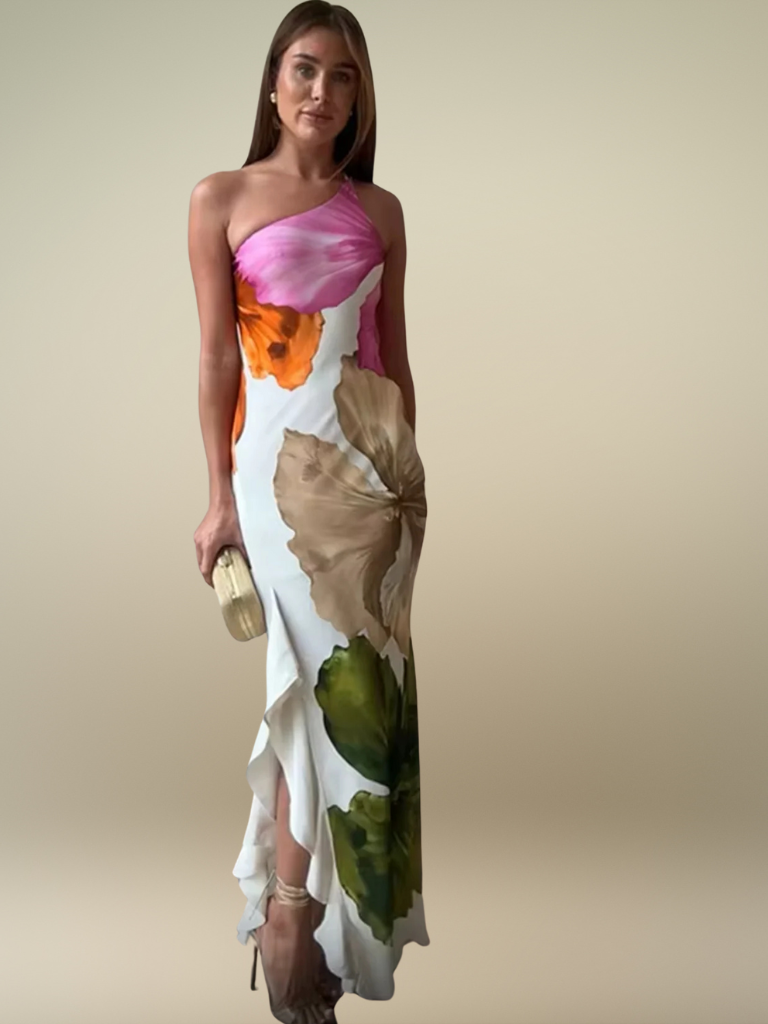 FLORÉLIA ASYMMETRISCHE SATIN MAXIKLEID